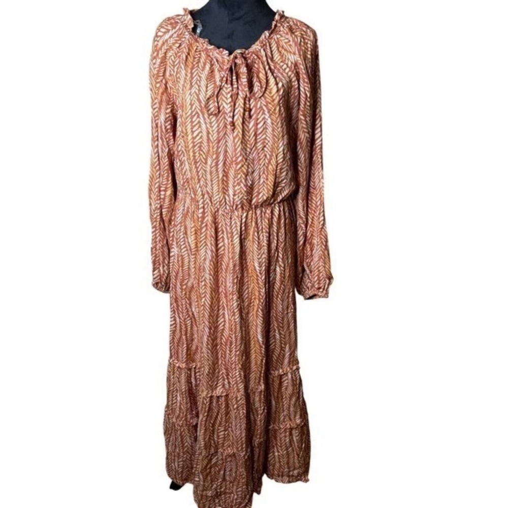 Allison Brittney Terracotta Chevron Tiered Maxi Dress Large Fall Boho Modest